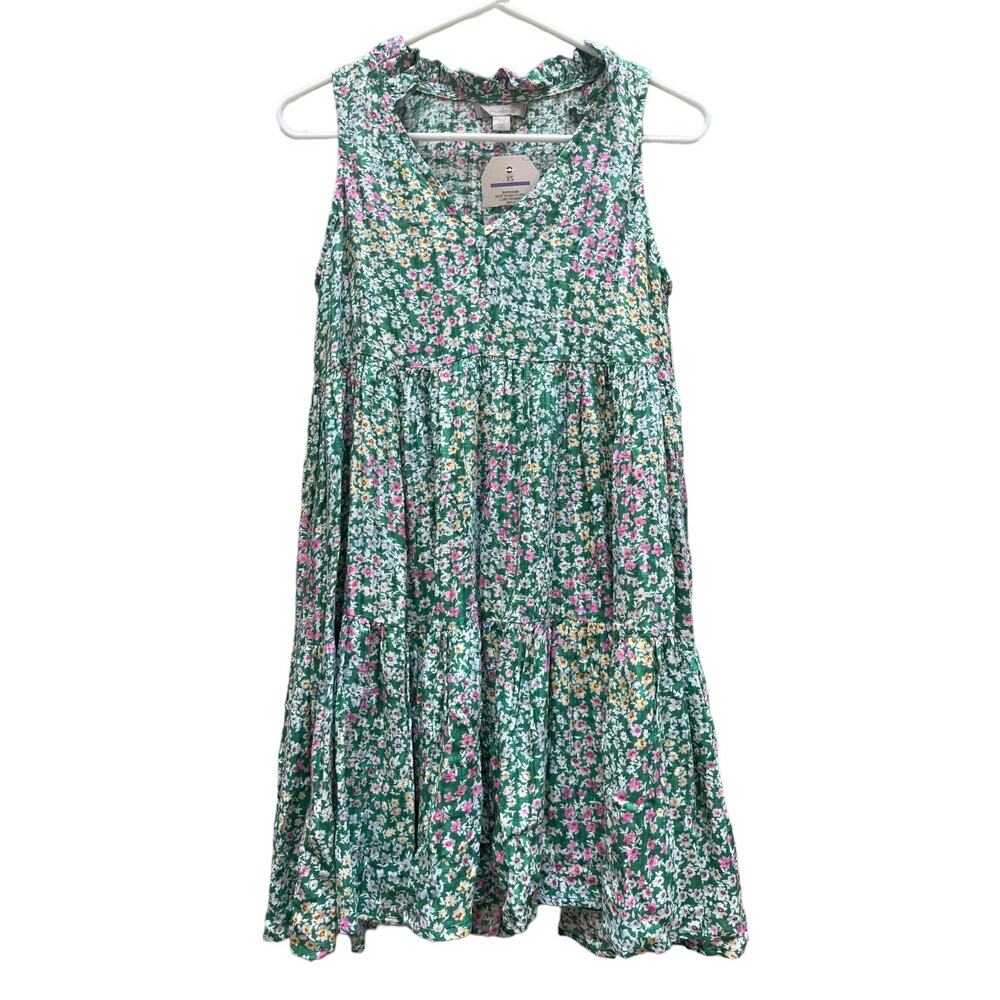 Wonderly Sleeveless Green Floral Tiered Dress Slip Underneath Rayon Women's XS